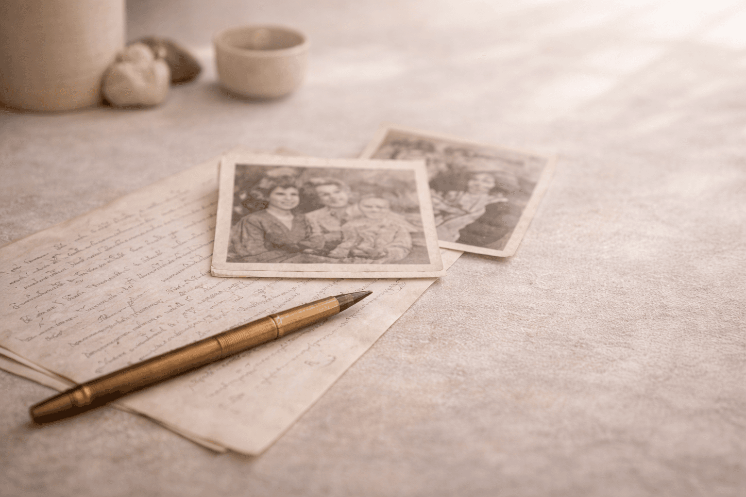 Warm, personal context—letters, photos, keepsakes